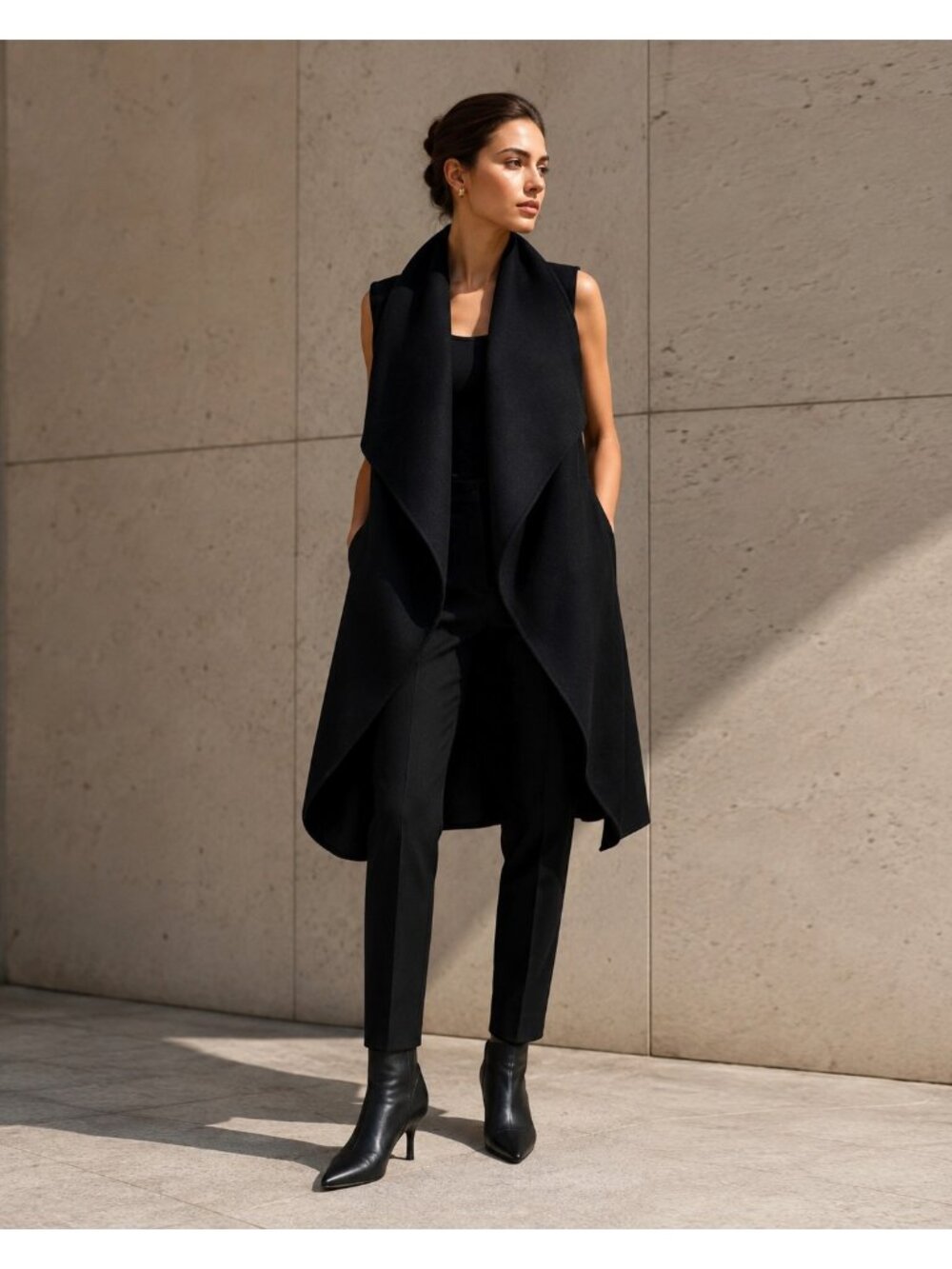 Zara Women's Black Long Wool Blend Oversized Draped Collar Vest  Size Medium